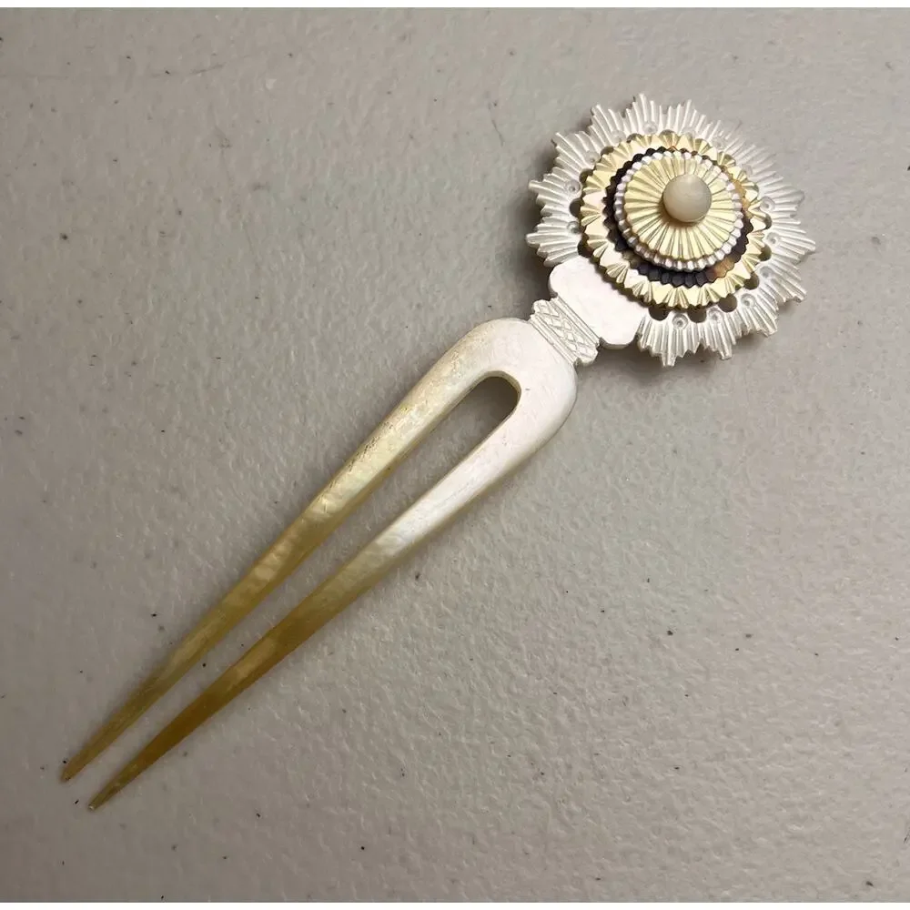 Hair Pin Stick Lot Victorian Style Filigree Ball Flower Mother Of Pearl 6 Pieces